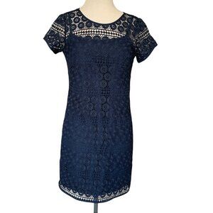 Loft Outlet Navy Lace Overlay Short Sleeve Dress, Size 0P
